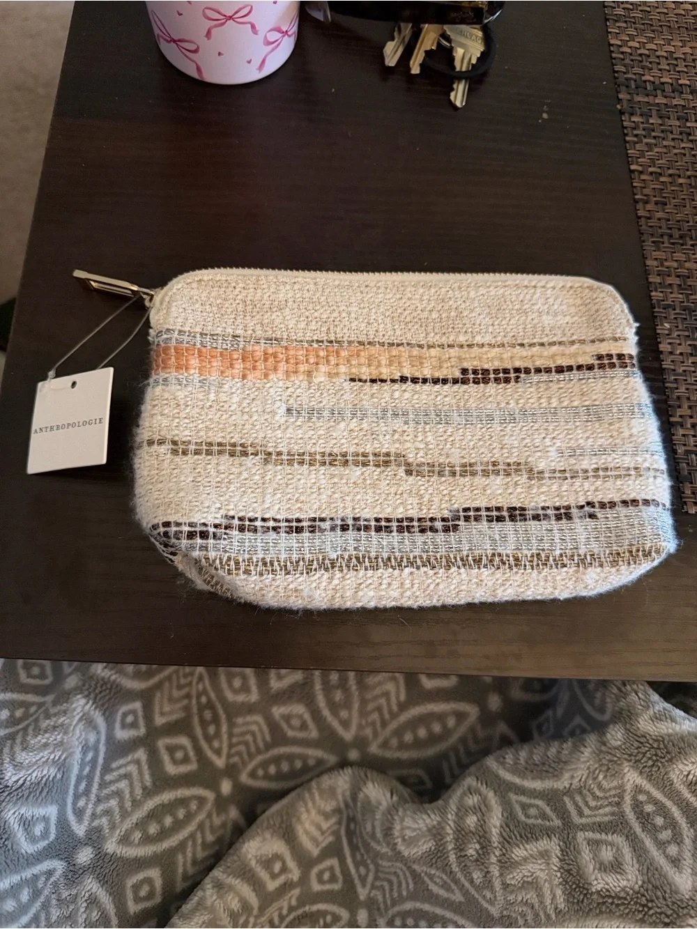 Anthropologie Woven Stripe Zip Pouch in Cream and Neutral Stripes